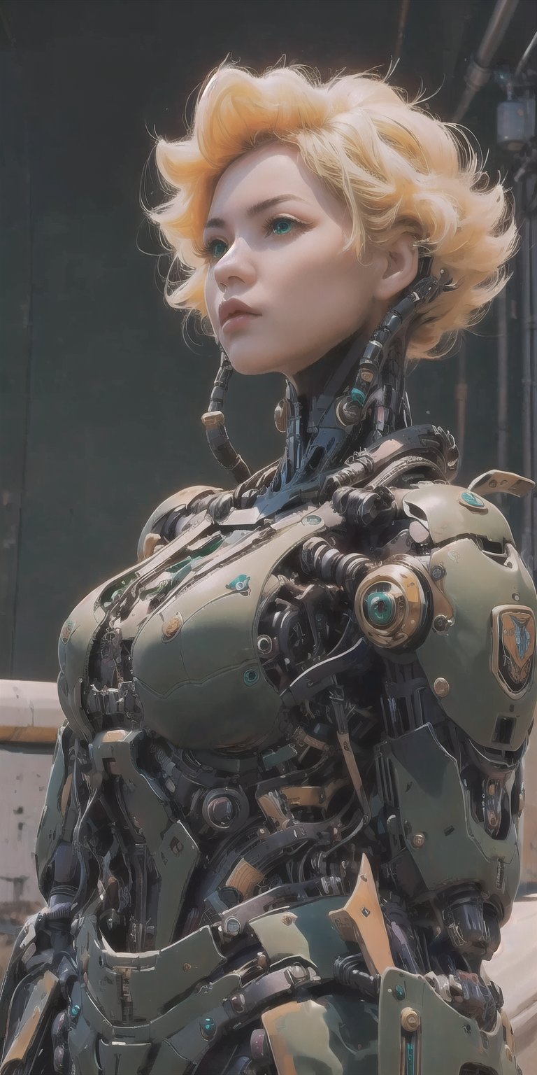 Mecha body , amazing, high_resolution, cinematic, beautiful, Masterpiece ,Tima, blonde hair, Green eyes, hyperrealistic, militar, detailed 