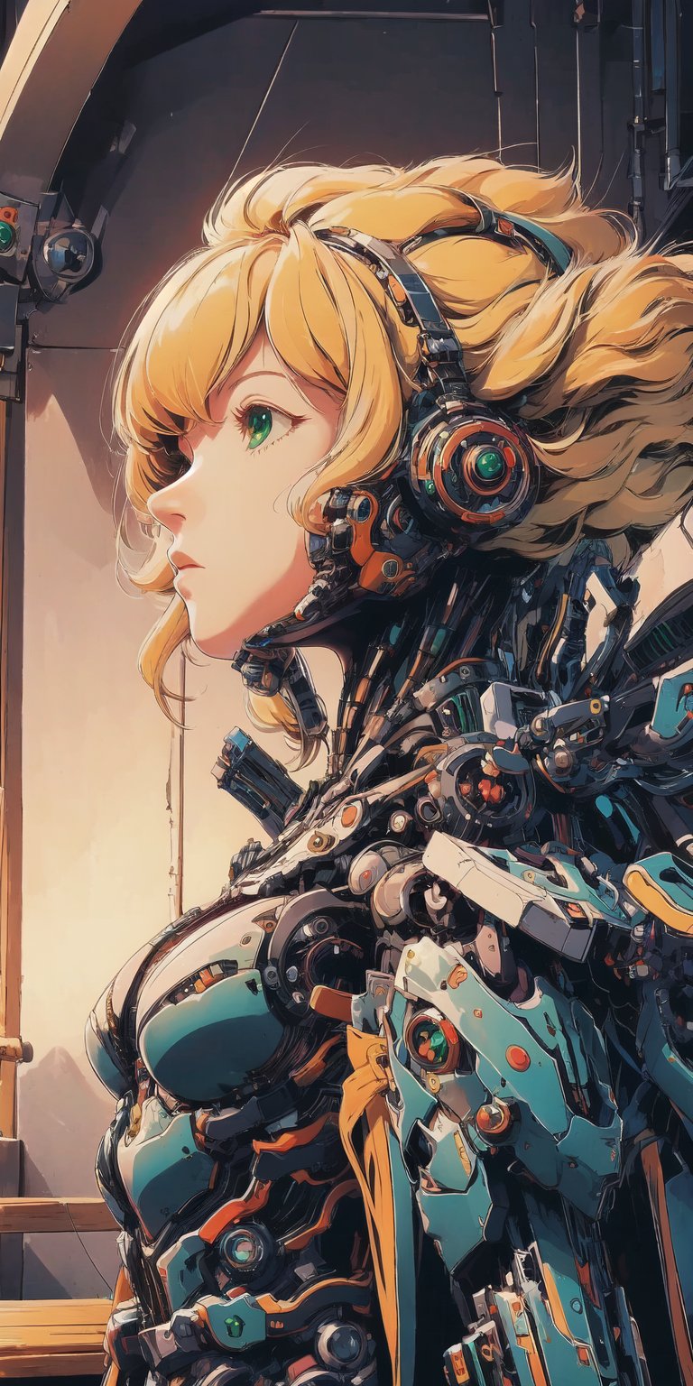 Mecha body ,tohru, amazing, high_resolution, cinematic, beautiful, Masterpiece ,Tima, blonde hair, Green eyes