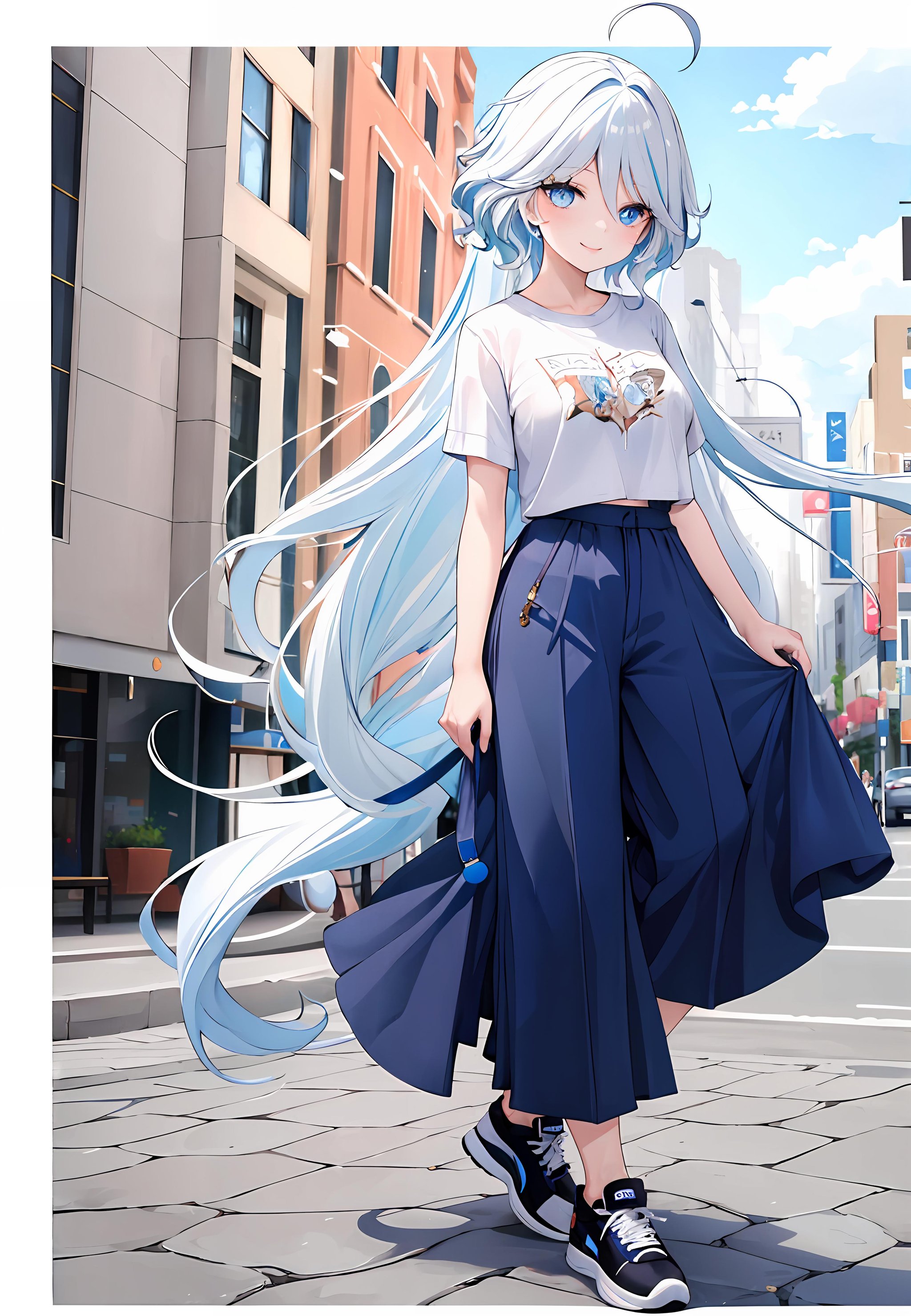 ((masterpiece,best quality)), 1girl, furina, heterochromia, smile, Wide-leg pants, tucked in tee, sneakers