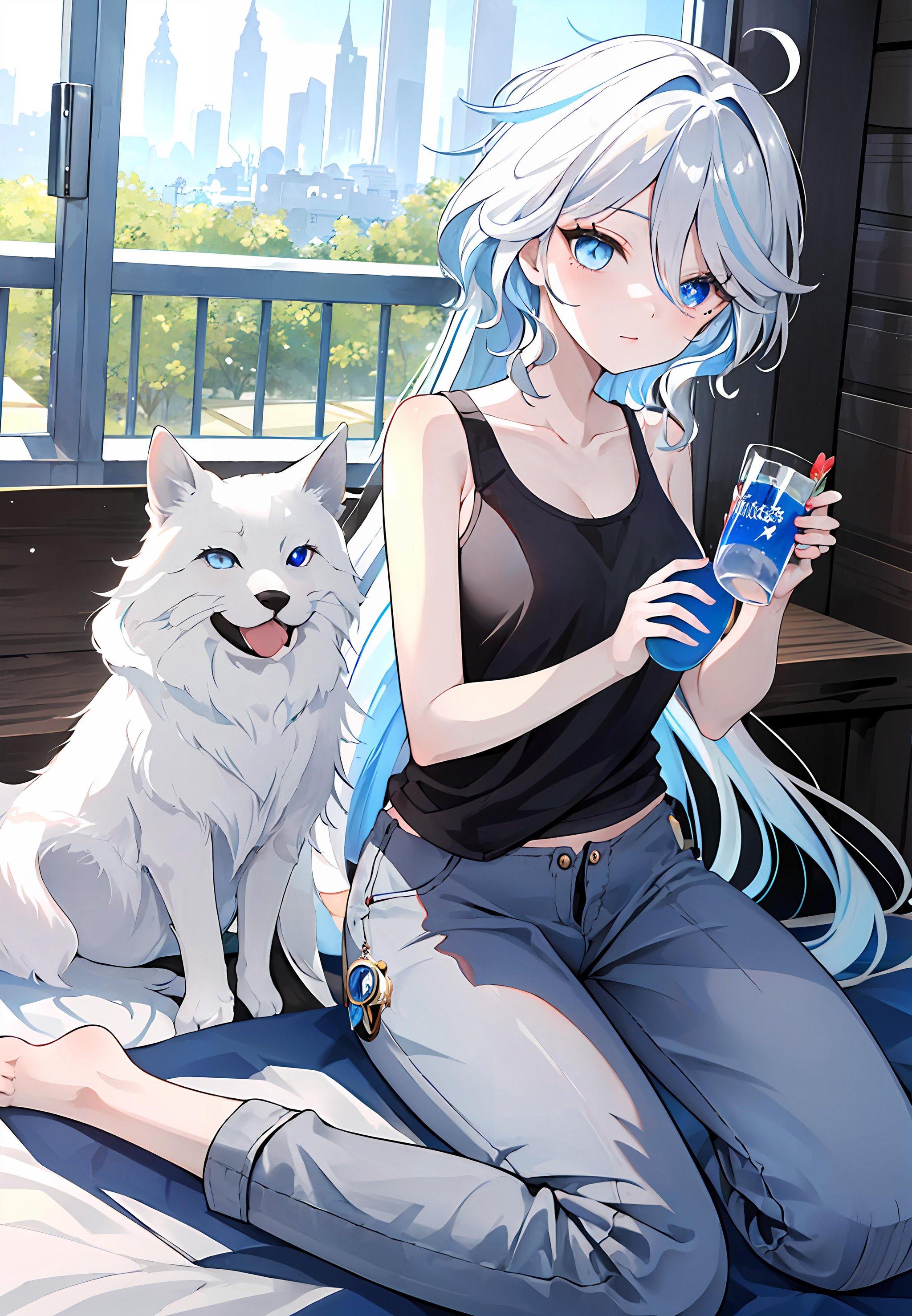 ((masterpiece,best quality)), 1girl, furina, heterochromia, Loose linen pants, tank top, slides