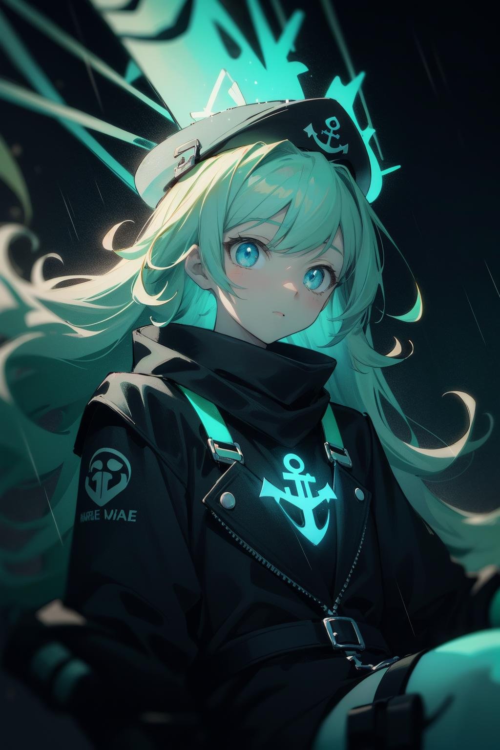 (masterpiece, best quality, best art, perfect detail:1.3),(black theme, turquoise green theme:1.3), 1girl, perfect detail eyes, perfect detail face, white skin, [orange|green] hair, long curly hair, blurry background, depth of field, glowing, perfect detail, glowing turquoise green eyes, black and glowing green, sitting, captain hat, fringed shoulder straps, glowing green scarf, neon lights, outdoors, rain, solo, a giant black and green boat anchor, black shirt