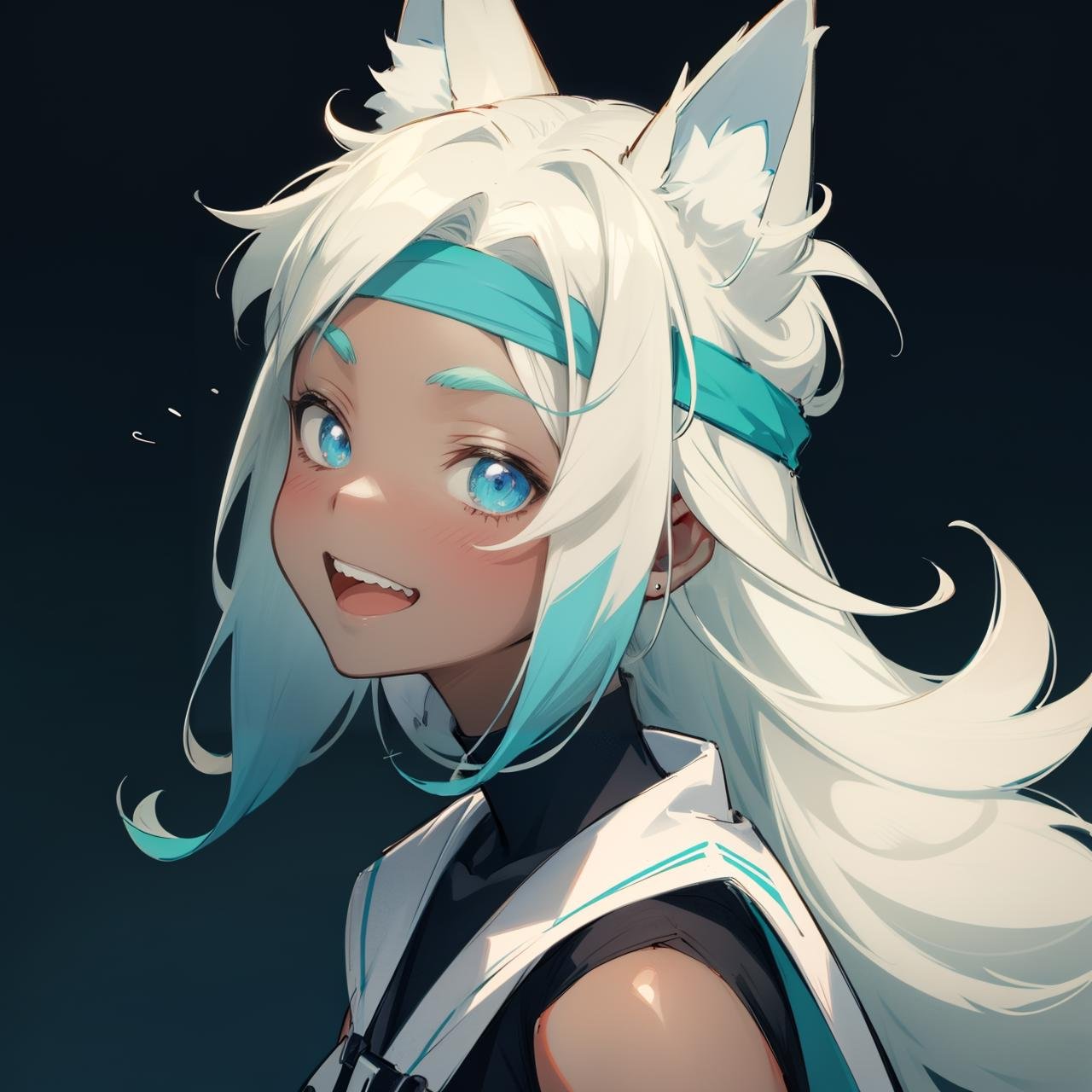 a cute girl smirking, stylish, happy smile, open mouth, hahaha, (from side:0.8), animal ear fluff, headband, dark skin, dark-skinned female, simple background, teal theme