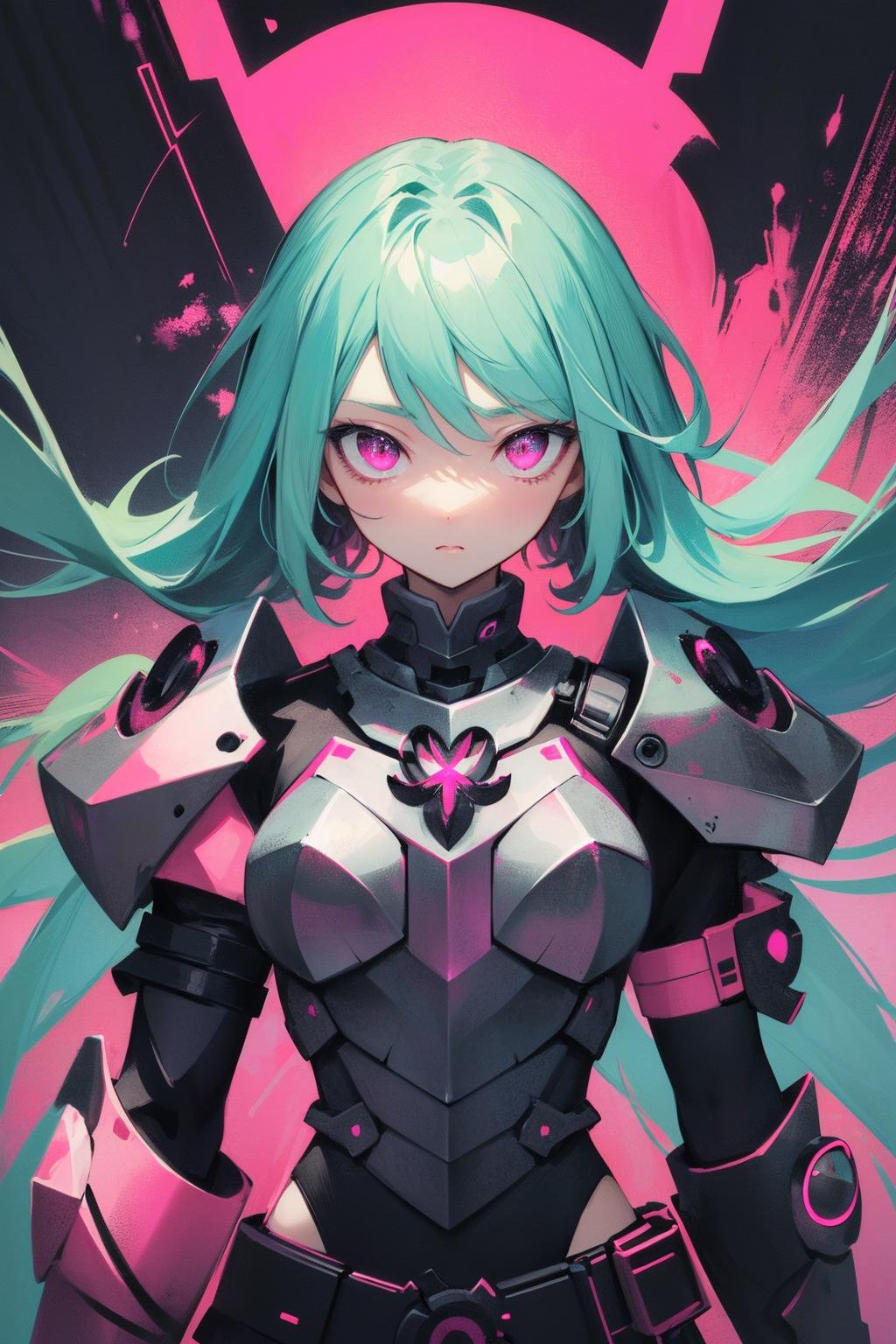 (masterpiece:1.1), (highest quality:1.1), (HDR:1.0), (1girl), aqua hair, (armor, metal, powerful, abstract:1.2), (magenta theme:1.5), detailed eyes, (((expressive)) eyes), looking at viewer, electric eyes