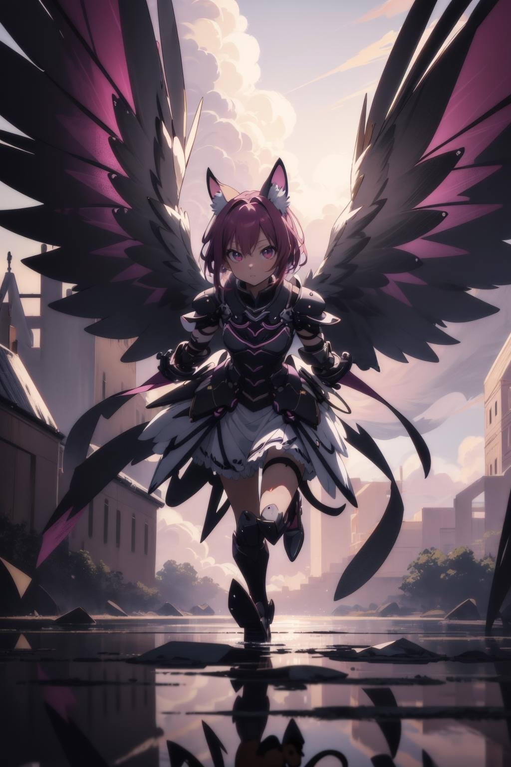 (a winged cat girl sprinting towards the viewer attacking:1.18), feathered wings, arms behind back, fierce, angry, battle, warrior, (magenta theme), armored action scene, gold trim, white dress, dark theme, (horror:0.8), water, reflective, intricate detail, 8k CG, (anime wallpaper), absurdres, real life anime scene