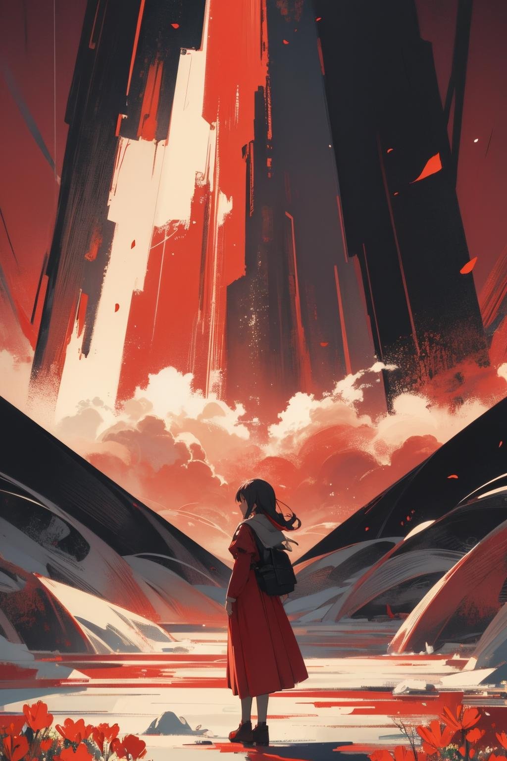 anime opening, (1girl), solo, a dreamscape aesthetic in Red theme atmosphere, mosaic background, happy, flowers, (wallpaper style), movie trailer, cinematic, screencap, still shot, true perception, comfortable