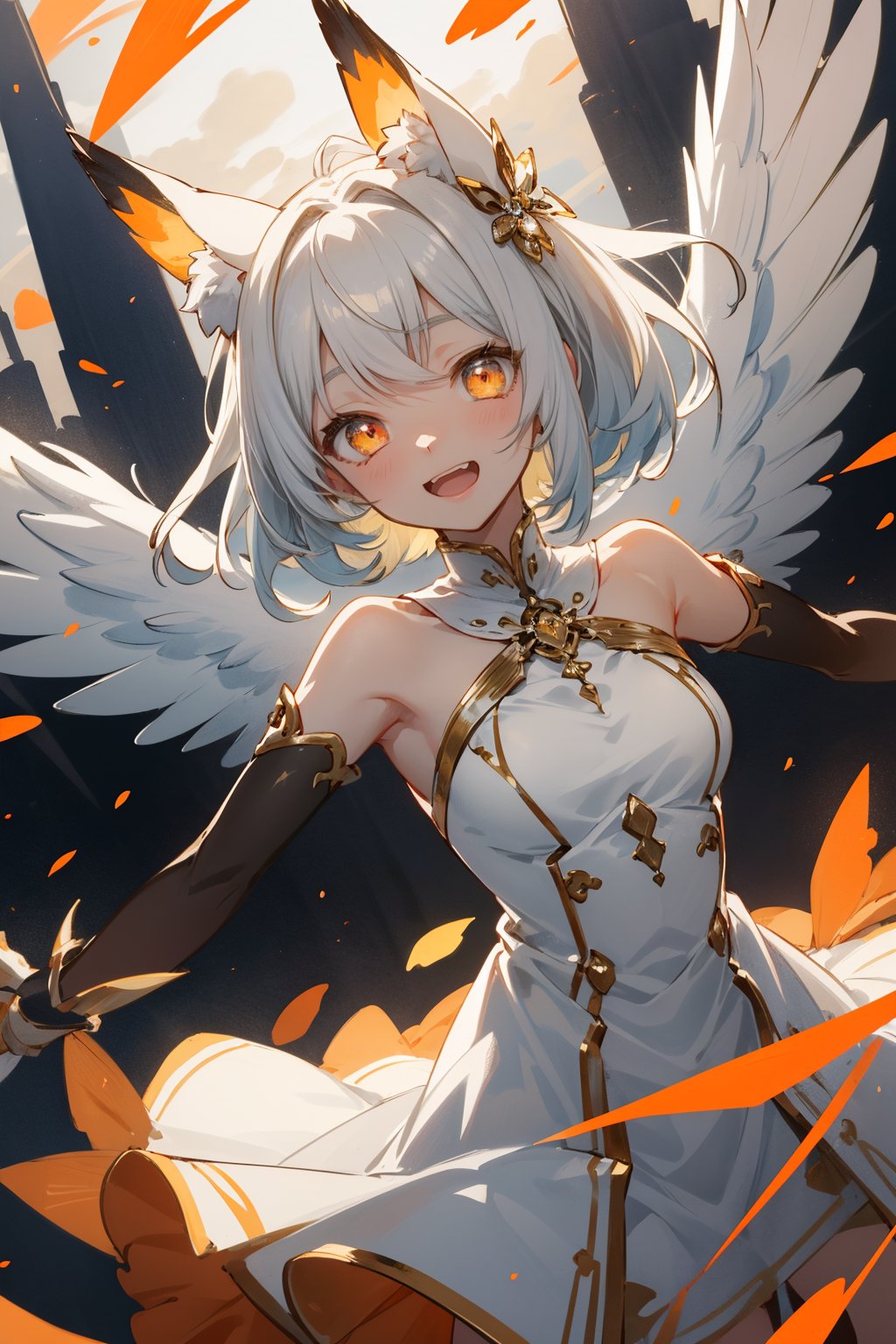 extreme quality, cg, solo, (colorful:0.85), (1girl), (cute anime girl), glorious spread wings, (translucent glass wings:1.28), (wide angle), portrait, cowboy shot, wide wingspan, (happy, excited, open mouth, smiling, expressive eyes), white hair, flower, (dynamic angle), looking at viewer, glowing eyes, animal ears, white dress, luxury, gold trim, (orange theme:1.18), white pearlescent marble coating, solo, field of vision, sky aesthetic scenery, centered,