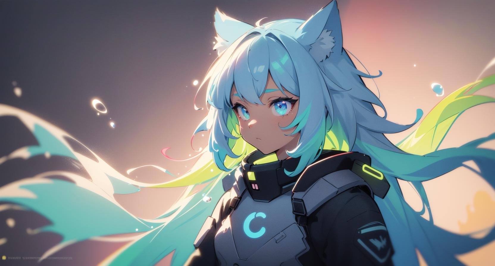 thick outlines, line-art, (neon colors, colorful, best colors), masterpiece, high quality, highres, movie scene, contour, silhouette, (saturated), golden hour, high contrast, hologram girl closeup with soft fur trim, (hair whiskers), (complimentary colors, triadic colors, splash art:1.28)