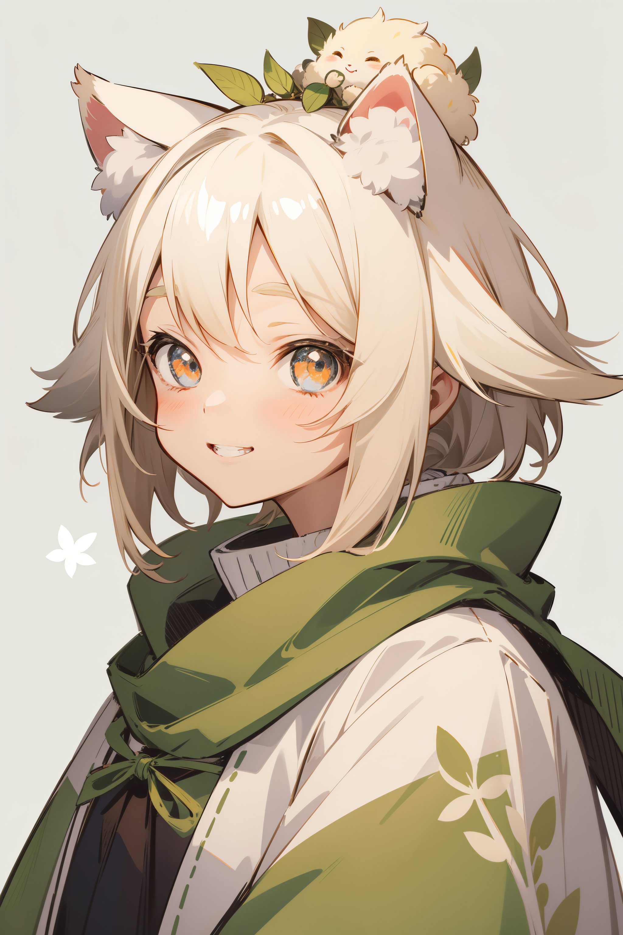 a fluffy anime girl, large animal ears, white hair, blonde hair, [orange|yellow] eyes, animal ear fluff, sprout seedling on head, leaf, smile, happy, upper_teeth, laughter, gradient eyes, original character portrait, game icon, simple background, (light green background), pastel colors, poncho