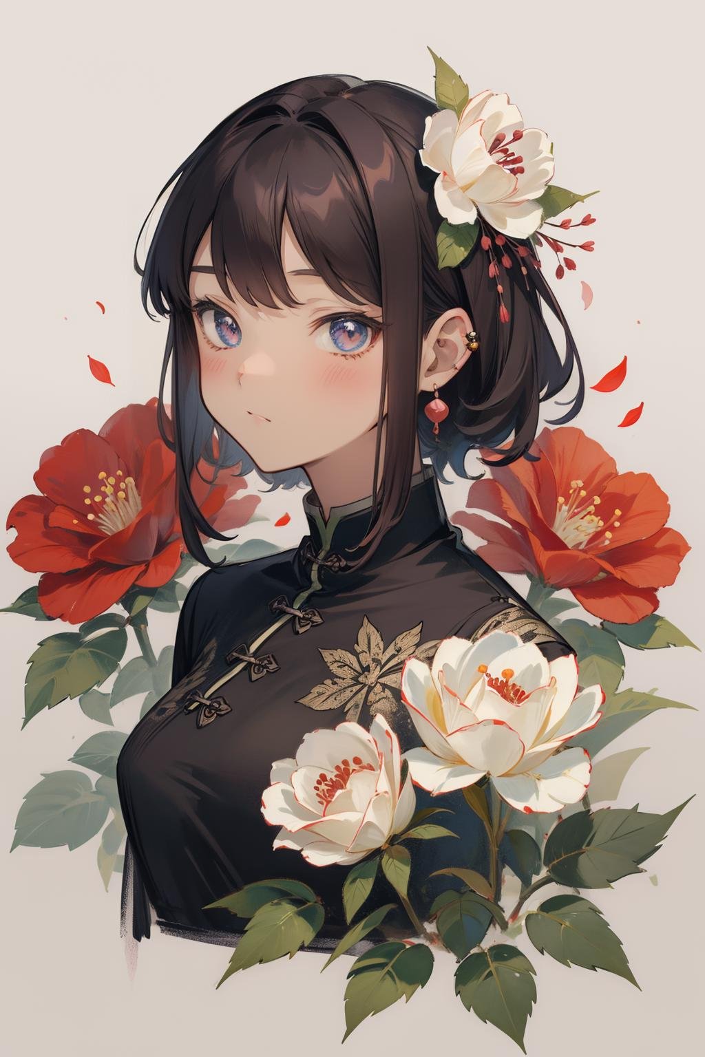 1girl, black_flower, black_rose, blue_rose, camellia, china_dress, chinese_clothes, dress, earrings, floral_background, floral_print, flower, flower_ornament, green_flower, hibiscus, ib_\(ib\), jewelry, leaf, looking_at_viewer, orange_flower, petals, pink_flower, pink_rose, purple_rose, red_flower, red_rose, rose, rose_petals, rose_print, short_hair, solo, spider_lily, squiggle, thorns, tulip, upper_body, vase, white_rose, yellow_rose, red background, Artgerm, stanley artgerm lau, a detailed painting, art nouveau