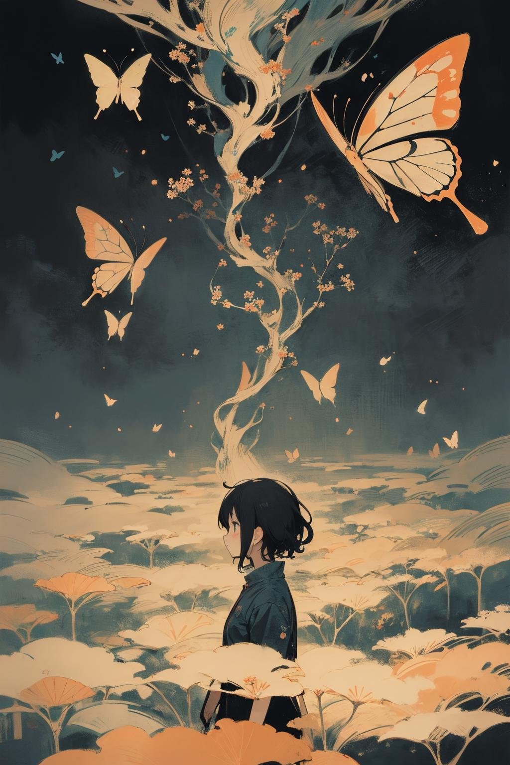 anime, abstract art, (style of Yuko Shimizu:1.3), (dark theme:1.1), dark Gray theme, butterflies, dark stars, 1girl, field of Salmon flowers