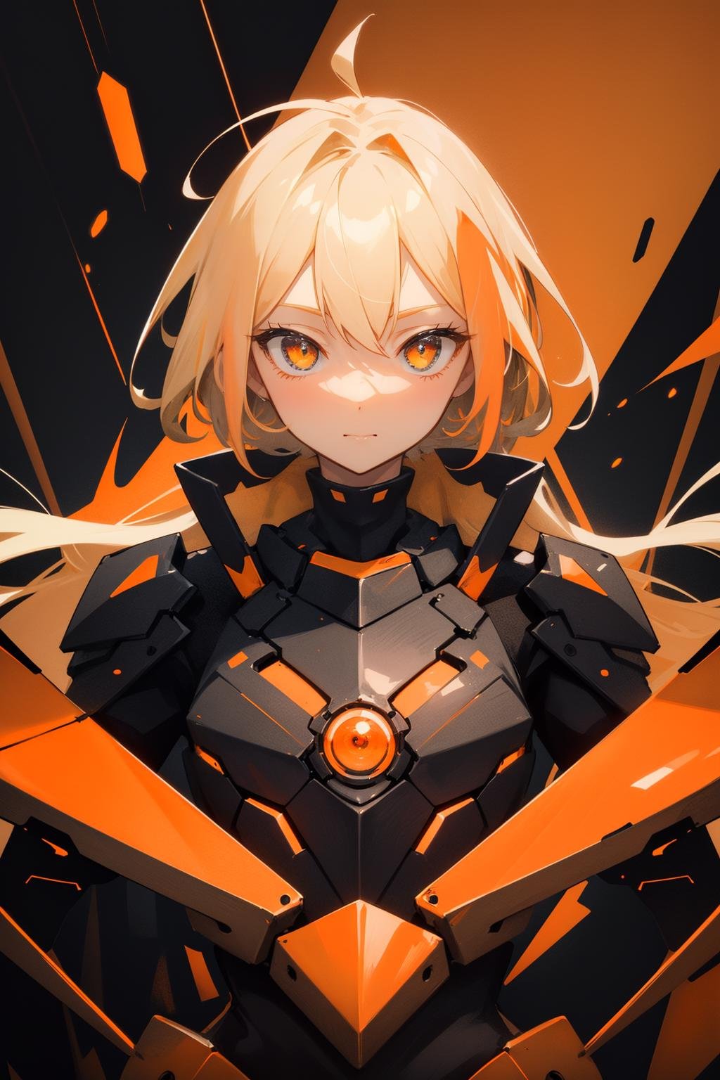 (masterpiece:1.1), (highest quality:1.1), (HDR:1.0), (1girl), blonde hair, (armor, metal, powerful, abstract:1.2), (orange theme:1.5), detailed eyes, ready eyes, looking at viewer, electric eyes, expressive, desire