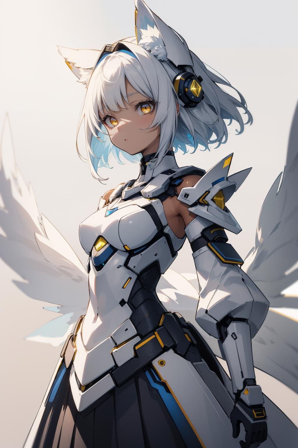 (masterpiece:1.1), (highest quality:1.1), (HDR:1.0), photo of an anime girl, white futuristic metal clothing, 1girl, (solar:0.85) kitsune, (shoulder armor:0.7), parted lips, short pleated skirt, wide sleeves, medium hair, (tan skin), looking at viewer, (arms at sides), (diamond shape background), (platinum gold:0.7), (upper body:0.9), detailed face, detailed eyes, (simple background:0.8)