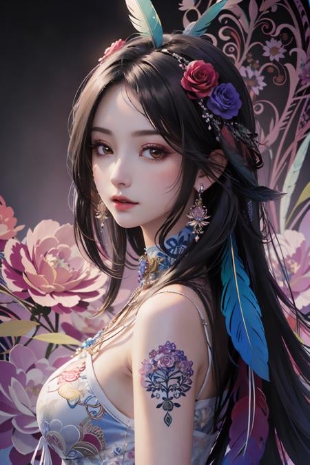 1girl,moyou,(masterpiece, top quality, best quality, official art, beautiful and aesthetic:1.2), (1girl:1.3), extremely detailed,(fractal art:1.1),(colorful:1.1)(flowers:1.3),highest detailed,(zentangle:1.2), (dynamic pose), (abstract background:1.3), (many colors:1.4), ,(earrings),  (feathers:1.5).