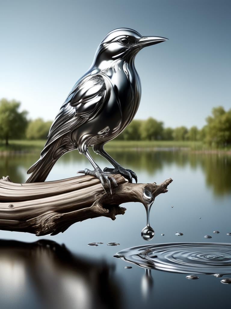 ral-chrome, bird, sitting on a lake on a branch from a tree, looking at water surface with fish in a pond <lora:ral-chrome-sdxl:1>