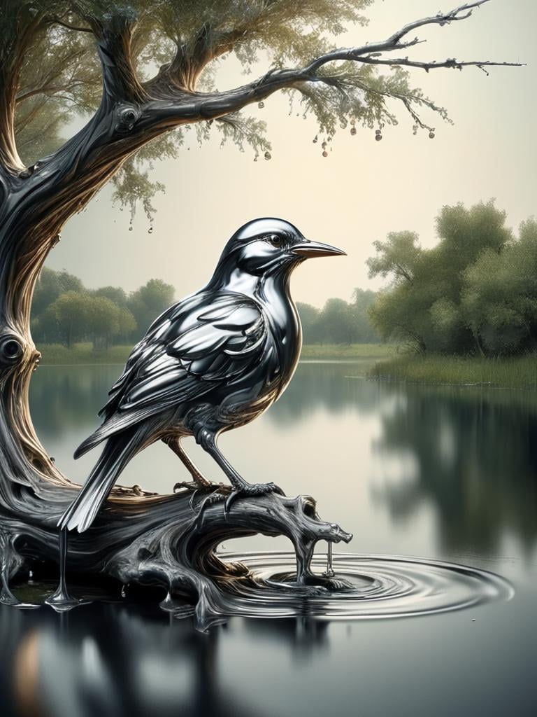 ral-chrome, bird, sitting on a lake on a branch from a tree, looking at water surface with fish in a pond <lora:ral-chrome-sdxl:1>