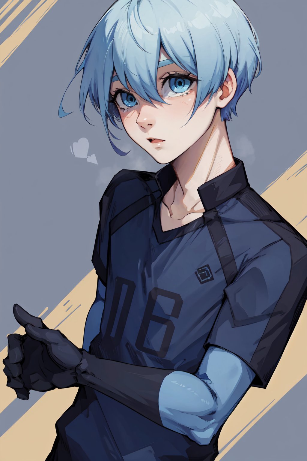 (masterpiece, best quality, high quality, highres, ultra-detailed:1.1),  <lora:bluelock_hioriv1a-000009:1>, hiori_bl, 1boy, male focus, solo, blue sportswear, black gloves, ;o, short sleeves, blue shirt