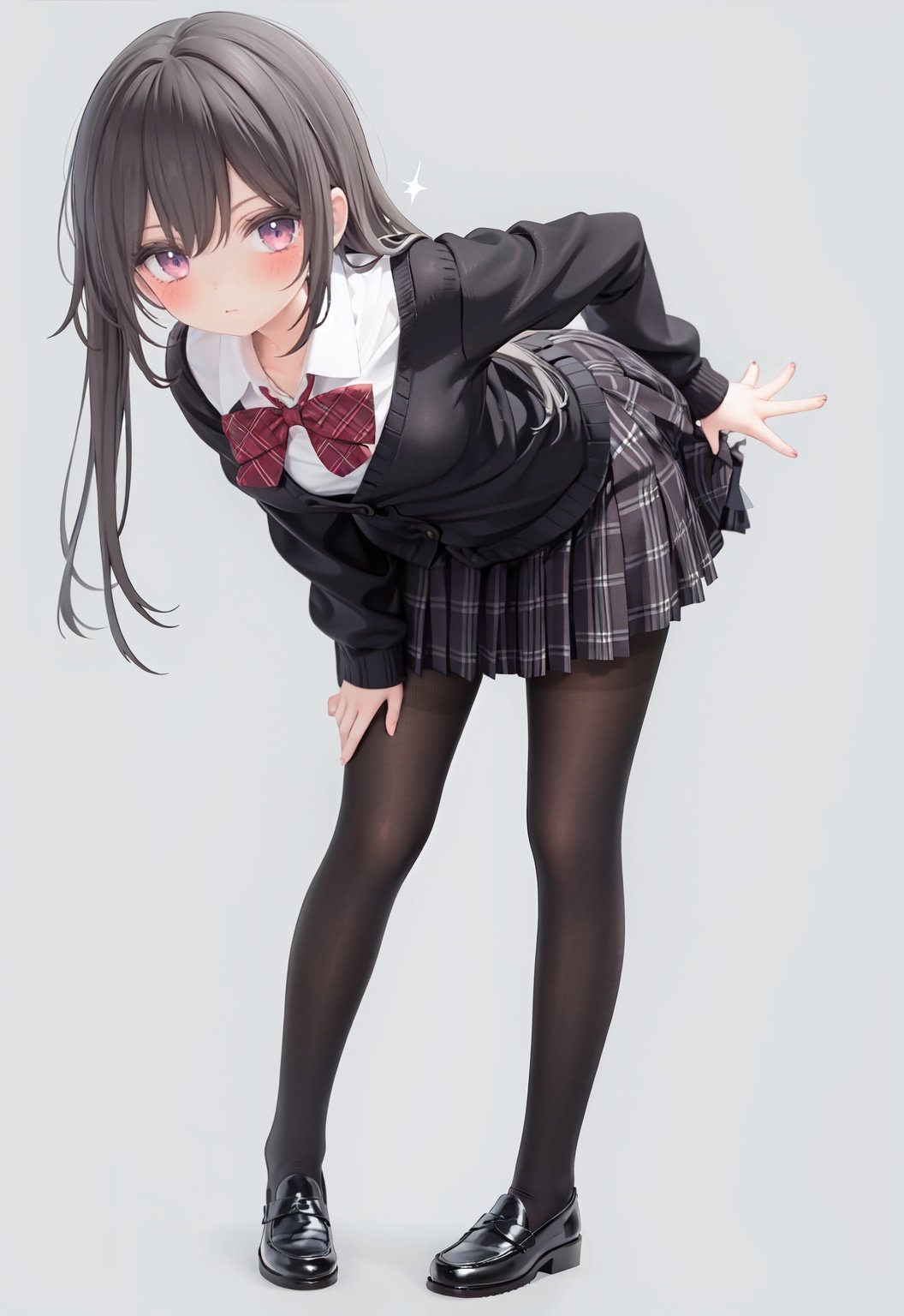  1girl, solo, pantyhose, skirt, long hair, loafers, shoes, simple background, school uniform, brown eyes, plaid, black pantyhose, plaid skirt, looking at viewer, black hair, pantyhose pull, full body, clothes pull, black footwear, pleated skirt, leaning forward, bangs, long sleeves, bent over, cardigan, bow, bowtie, standing, closed mouth, pulled by self, grey background, blush, miniskirt, red bow, sweater, undressing