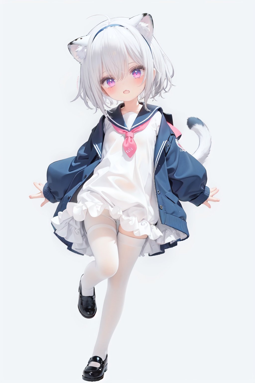  cute,Infant,solo blue shirt,blue sailor coat,loli,full body,white hair,snow leopard ear,white background,pink eyes,laugh,happy,white pantihose,white pantyhose,red armband,