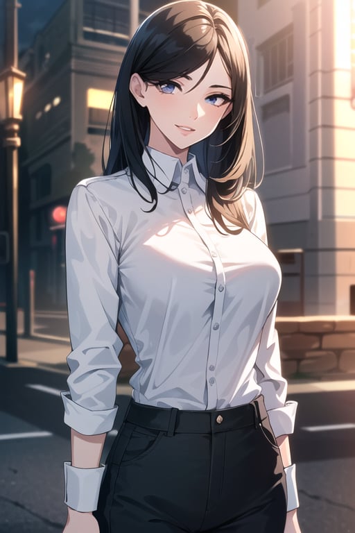 ((masterpiece)), ((best quality)), (ultra-detailed), absurdres, extremely detailed CG unity 8k wallpaper, Official Art, (realistic), beautiful face, detailed hands, expressive eyes, upper body, close up, solo, (street, scenery, illustration, dramatic lighting:1.1), (standing, arm at side, seductive smile, parted lips:1.2), (1girl, older girl, onee-san, big sister, narrow waist, medium breasts, sharp eyelashes, lips:1.4), (shirt, pants:1.3), ((masterpiece)), , absurdres, HDR