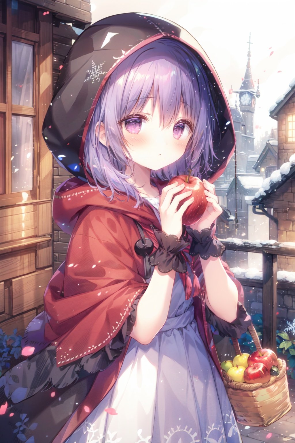 1girl, loli, basket, solo, food, fruit, dress, hood, snowflakes, little red riding hood \(grimm\), apple, looking at viewer, pink hair, blush, pink eyes, purple eyes, cloak, holding, purple hair, layered dress, holding basket, red hood, cape, upper body