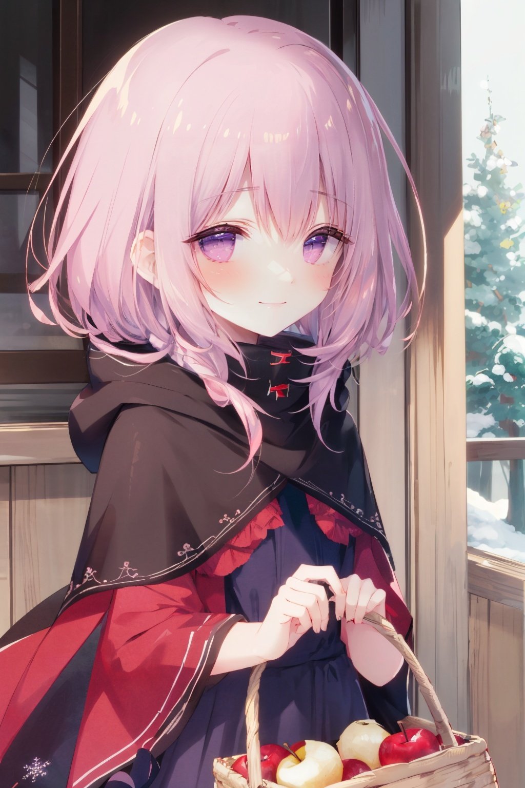 1girl, loli, basket, solo, food, fruit, dress, hood, snowflakes, little red riding hood \(grimm\), apple, looking at viewer, pink hair, blush, pink eyes, purple eyes, cloak, holding, purple hair, layered dress, holding basket, red hood, cape, upper body<lora:shirotamakohdLycoris:0.6>,