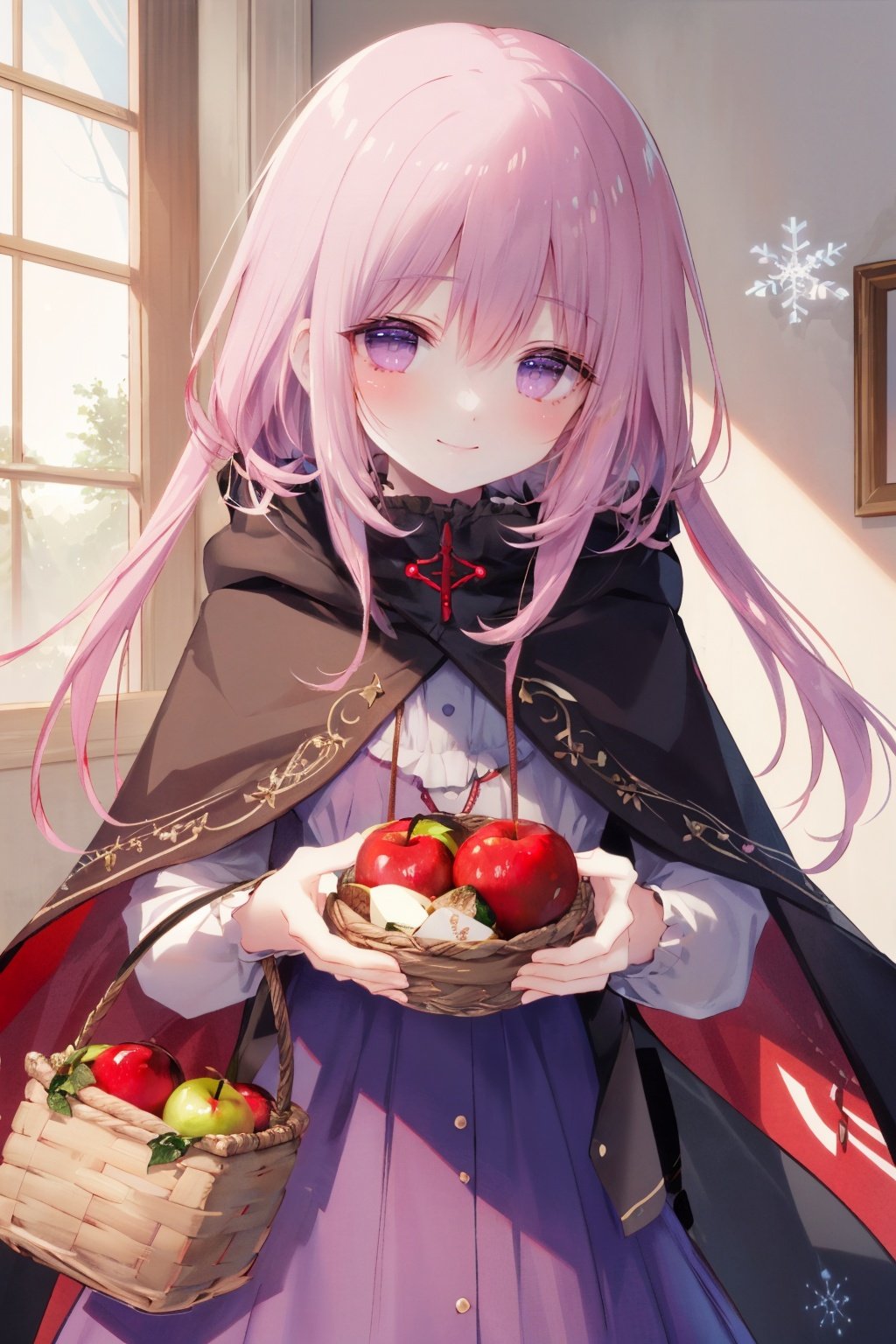 1girl, loli, basket, solo, food, fruit, dress, hood, snowflakes, little red riding hood \(grimm\), apple, looking at viewer, pink hair, blush, pink eyes, purple eyes, cloak, holding, purple hair, layered dress, holding basket, red hood, cape, upper body<lora:shirotamakohdLycoris:0.6>,