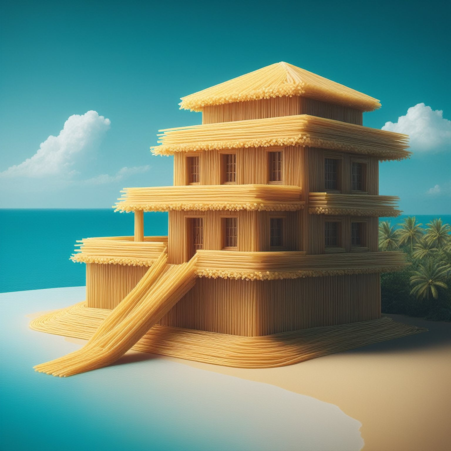 (masterpiece, best quality, ultra-detailed, finely detailed, photorealistic), a meticulously detailed professional illustration, a seaside Mexican  mayan riviera with harbor, beautiful sky, overlook the sea, detailed background, depth of field, like a cover of a travel magazine, a spaghettify house,