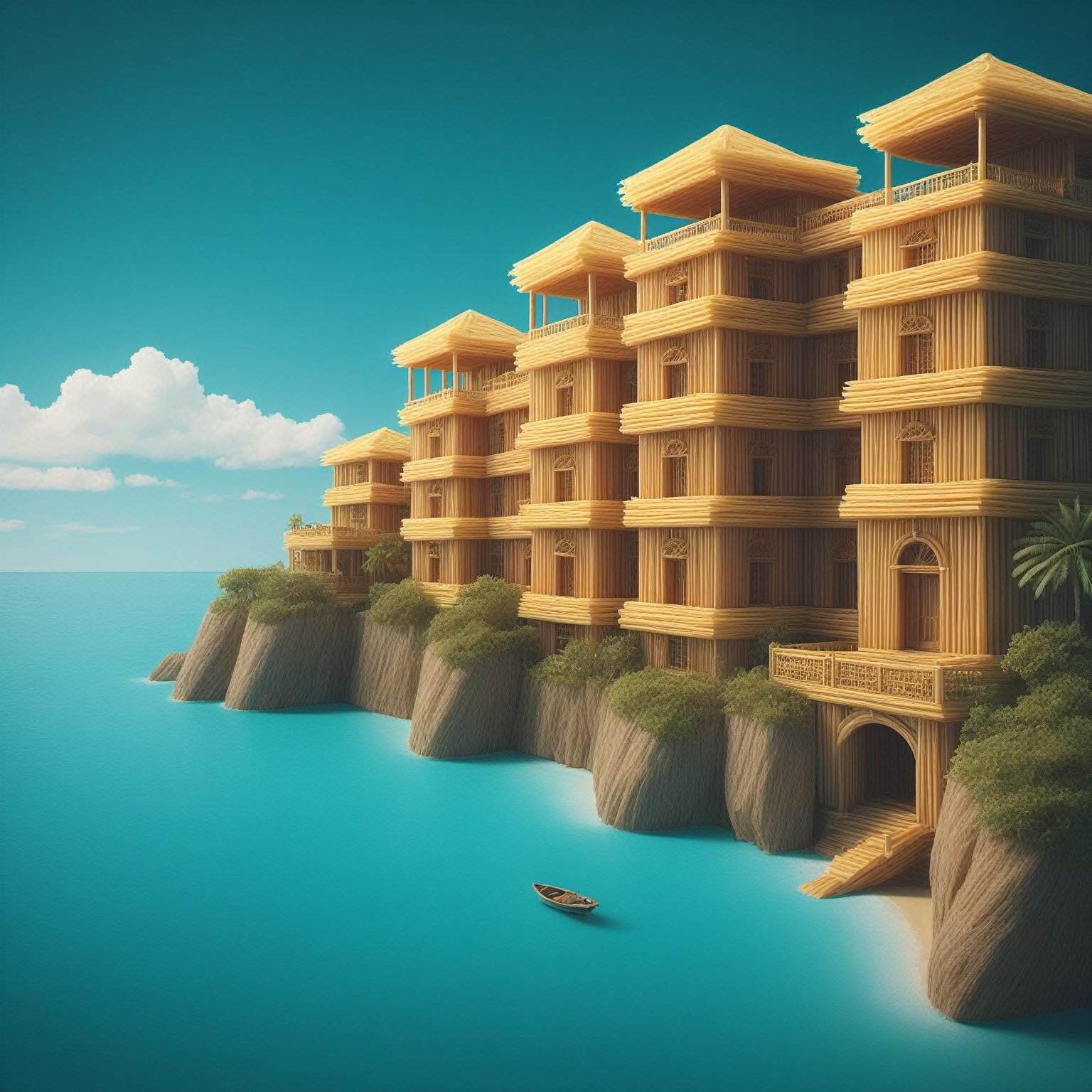 (masterpiece, best quality, ultra-detailed, finely detailed, photorealistic), a meticulously detailed professional illustration, a seaside Mexican  mayan riviera with harbor, beautiful sky, overlook the sea, detailed background, depth of field, like a cover of a travel magazine, a spaghettify house,