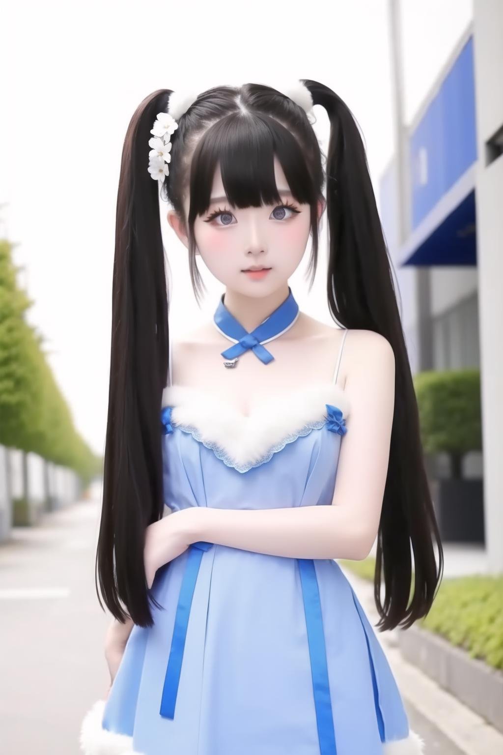 1girl, (VDS:1.2), asian, big eyes, very beautiful, twintails, flat chest, outside, city, sky, (skinny:1.3)