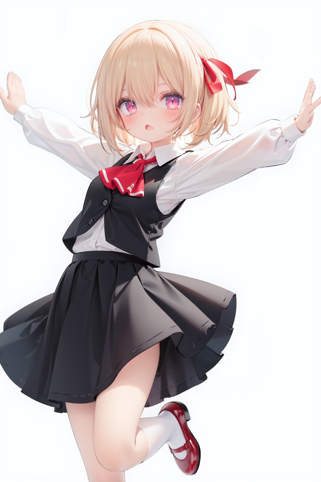  1girl, rumia, blonde hair, solo, white background, red eyes, red footwear, simple background, ascot, short hair, ribbon, open mouth, hair ribbon, smile, long sleeves, shirt, looking at viewer, red ascot, white socks, white shirt, red ribbon, shoes, socks, frills, bangs, outstretched arms, hair between eyes, skirt, :d, dress, vest, mary janes, black dress, black skirt, collared shirt, black vest, blush