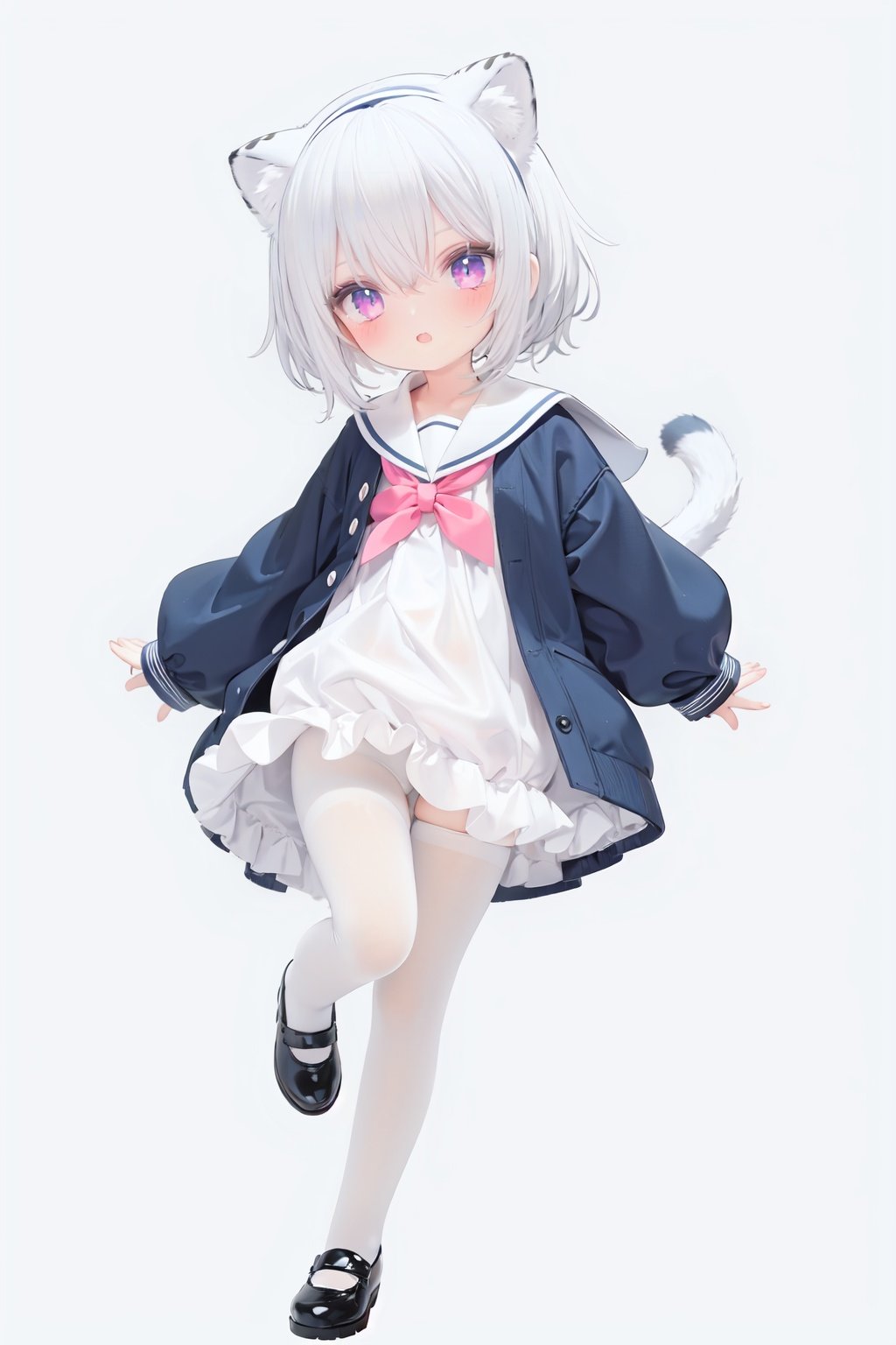  cute,Infant,solo blue shirt,blue sailor coat,loli,full body,white hair,snow leopard ear,white background,pink eyes,laugh,happy,white pantihose,white pantyhose,red armband,