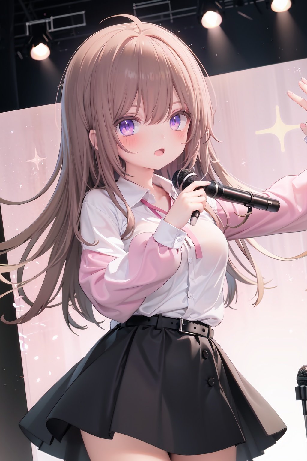  1girl, solo, microphone, smile, skirt, blush, brown eyes, long hair, open mouth, looking at viewer, brown hair, long sleeves, :d, shirt, bangs, belt, breasts, pink shirt, outstretched arm, music, black belt, medium breasts, holding microphone, singing