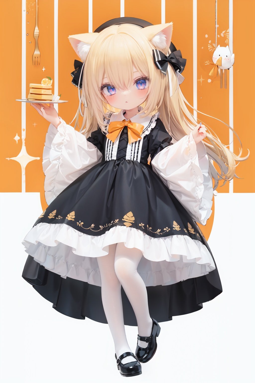  (cinematic lighting), dreamy atmosphere, Ray tracing, (((solo))), (loli:1.5), (child:1.5), (petite:1.5), green eyes, (animal ears), dress, solo, food, blonde hair, open mouth, long hair, pancake, flower, holding, bow, smile, fork, bird, socks, looking at viewer, shoes, striped background, holding fork, bonnet, striped, frills, long sleeves, :d, yellow dress, bangs, eyebrows visible through hair, blush, green nails, hair bow, nail polish, diagonal stripes, chick, sparkle, frilled dress, orange bow, fruit, full body, :3, hair between eyes, green bow, puffy sleeves, heart, lemon, orange footwear, animal ear fluff, white bow, cat ears, bobby socks, orange headwear, see-through sleeves, blue background, striped bow, hair ornament, white legwear, mary janes