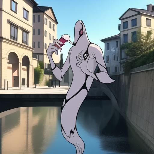 ghostfreak , full body, outdoors, river background, european houses, italiann houses, river bridge, eating icecream <lora:ghostfreak-05:1>, masterpiece, best quality