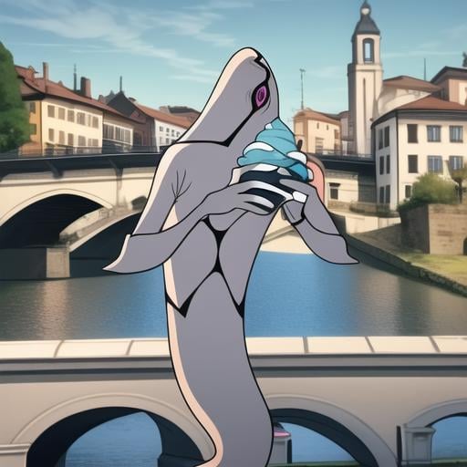 ghostfreak , full body, outdoors, river background, european houses, italiann houses, river bridge, eating icecream <lora:ghostfreak-05:1>, masterpiece, best quality