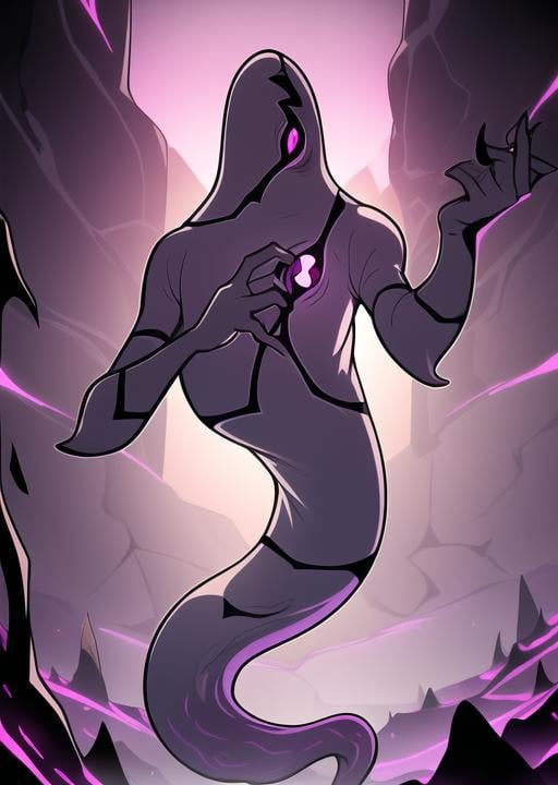 ghostfreak , full body, purple mana, purple shadows, purple smoke dark background, bright character, cave, <lora:ghostfreak-10:1>, masterpiece, best quality