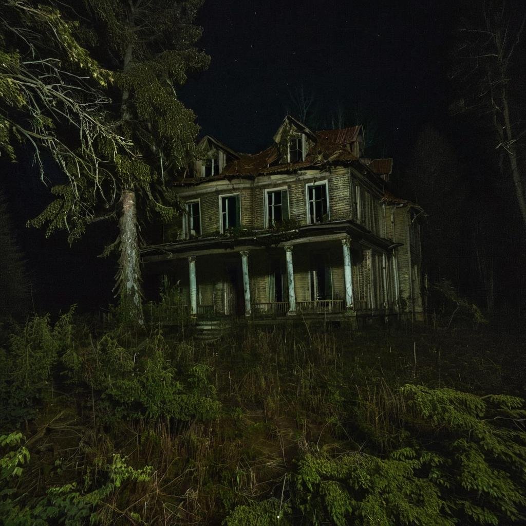 a run down house in the middle of a forest at night, brscprk_01  <lora:brscprk_01-000010:0.6>  scary, horror 