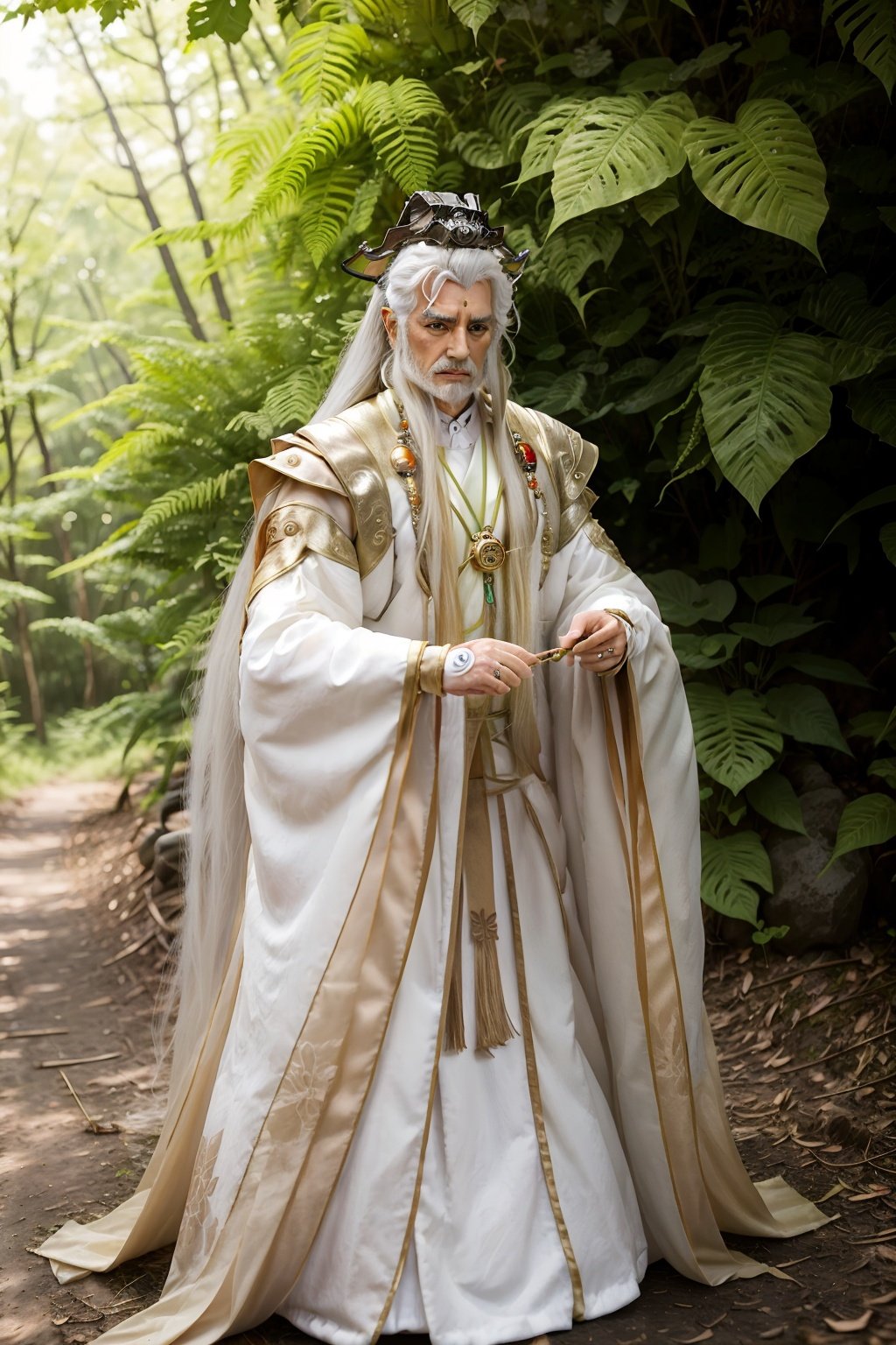 masterpiece,best quality,pili\(muou\),puppet show,1boy,1girl,beard,blonde hair,bracelet,breasts,day,dress,facial hair,facial mark,fantasy,forest,full body,green eyes,grey hair,hanfu,hat,jewelry,leaf,long hair,long sleeves,looking at viewer,male focus,nature,necklace,old,old man,old woman,outdoors,painting \(medium\),pendant,<lora:pilimuouxi-000006:0.5>,