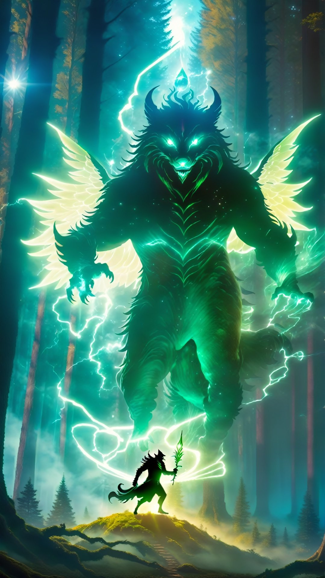 (Concept) (Special Effects) (Levitating Energy Monster) (Transparent Art) In the early morning in the forest, a magician holds a magic wand, and a gorgeous fantasy beast appears behind him. This magical beast is composed of radiant magical energy, flying in the air like a dream, spreading its wings and soaring into the distance. The magician's eyes sparkled with wisdom, and together with the fantasy beast behind him, he presented a wonderful magical journey.