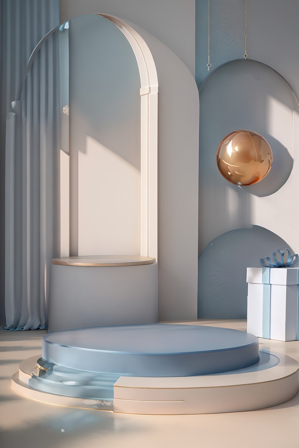 masterpiece,best quality,c4dzhantai\(zhantai\),Round column table in the water,blue sky,in the interior,there are gift boxes,water reflections,plants,curtains,spheres,c4d,OC renderer,Redshift renderer,3D texture,strong contrast,bright colors,studio lighting,high resolution,high quality,8K,<lora:c4dzhantai-000006:0.9>,