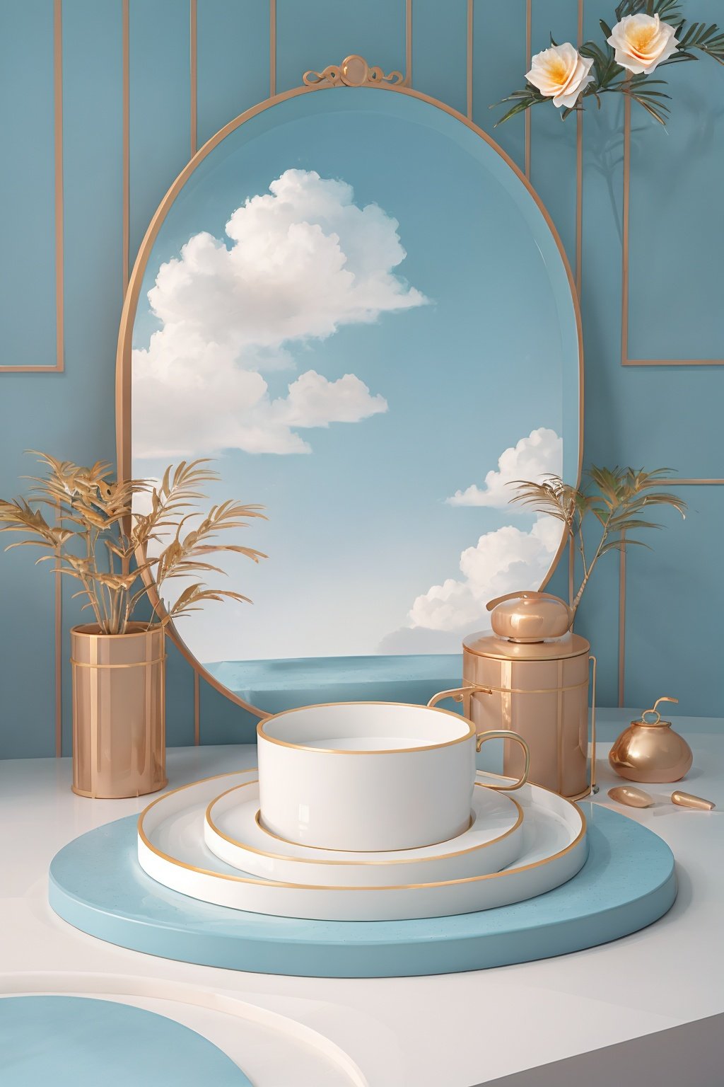 masterpiece,best quality,c4dzhantai\(zhantai\),art geometry,artist name,bath,bathroom,blue sky,box,cloud,cloudy sky,cup,day,faucet,flower,flower pot,food,gift,gift box,indoors,mirror,no humans,plant,plate,potted plant,reflection,saucer,scenery,shadow,shelf,sink,still life,table,tea,teacup,teapot,tiles,tree,vase,water,watermark,window,c4d,OC renderer,Redshift renderer,3D texture,strong contrast,bright colors,studio lighting,high resolution,high quality,8K,<lora:c4dzhantai-000006:0.65>,