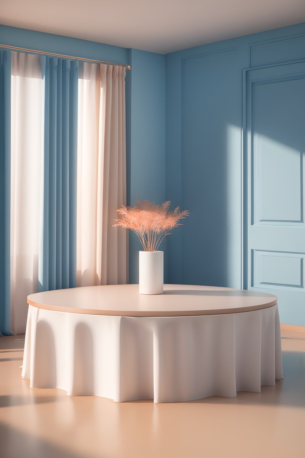 masterpiece,best quality,c4dzhantai\(zhantai\),Art geometry,Round column table in the water,blue sky,in the interior,there are gift boxes,water reflections,plants,curtains,spheres,c4d,OC renderer,Redshift renderer,3D texture,strong contrast,bright colors,studio lighting,high resolution,high quality,8K,<lora:c4dzhantai-000006:0.6>,