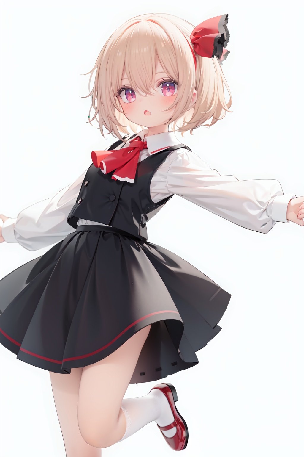  1girl, rumia, blonde hair, solo, white background, red eyes, red footwear, simple background, ascot, short hair, ribbon, open mouth, hair ribbon, smile, long sleeves, shirt, looking at viewer, red ascot, white socks, white shirt, red ribbon, shoes, socks, frills, bangs, outstretched arms, hair between eyes, skirt, :d, dress, vest, mary janes, black dress, black skirt, collared shirt, black vest, blush