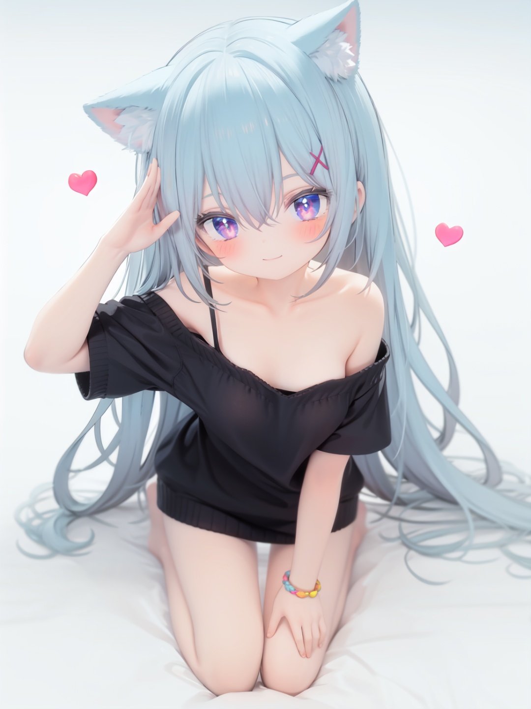  petite, loli, solo, animal ears, heart, puffy short sleeves, blue hair, long hair, off shoulder, bangs, hair ornament, gradient background,rainbow gradient, x hair ornament, animal ear fluff, looking at viewer, very long hair, blush, smile, cat ears, bare shoulders, collarbone, hand up, gradient sweater, hair between eyes, symbol-shaped pupils, arm up, heart-shaped pupils, hairclip, medium breasts, salute, bare legs,full body