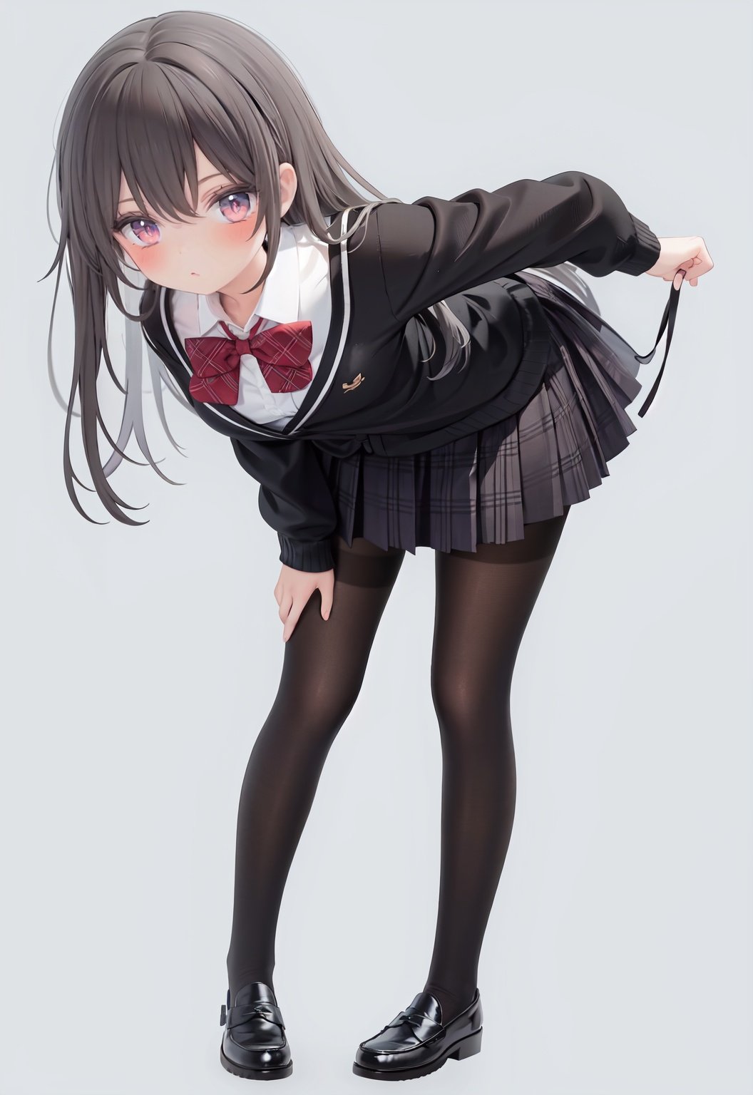  1girl, solo, pantyhose, skirt, long hair, loafers, shoes, simple background, school uniform, brown eyes, plaid, black pantyhose, plaid skirt, looking at viewer, black hair, pantyhose pull, full body, clothes pull, black footwear, pleated skirt, leaning forward, bangs, long sleeves, bent over, cardigan, bow, bowtie, standing, closed mouth, pulled by self, grey background, blush, miniskirt, red bow, sweater, undressing