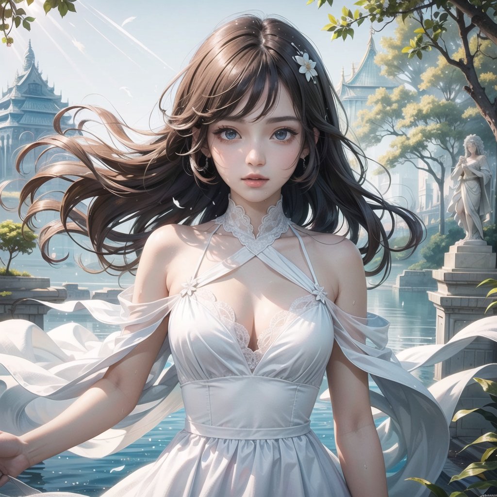 (extremely detailed CG unity 8k wallpaper),(((masterpiece))), (((best quality))), ((ultra-detailed)), (best illustration),(best shadow), ((an extremely delicate and beautiful)),dynamic angle,floating, solo,((1girl)),{long wavy curly hair},expressionless,((white idol dress)), anglesailor dress,(detailed wet clothes),silk shawl,bikini,underboob, frills,cute anime face,blush,(beautiful detailed eyes), (detailed light),feather, nature, (sunlight), river, (forest),(((floating palace))),beautiful and delicate water,(painting),(sketch),(bloom),(shine),