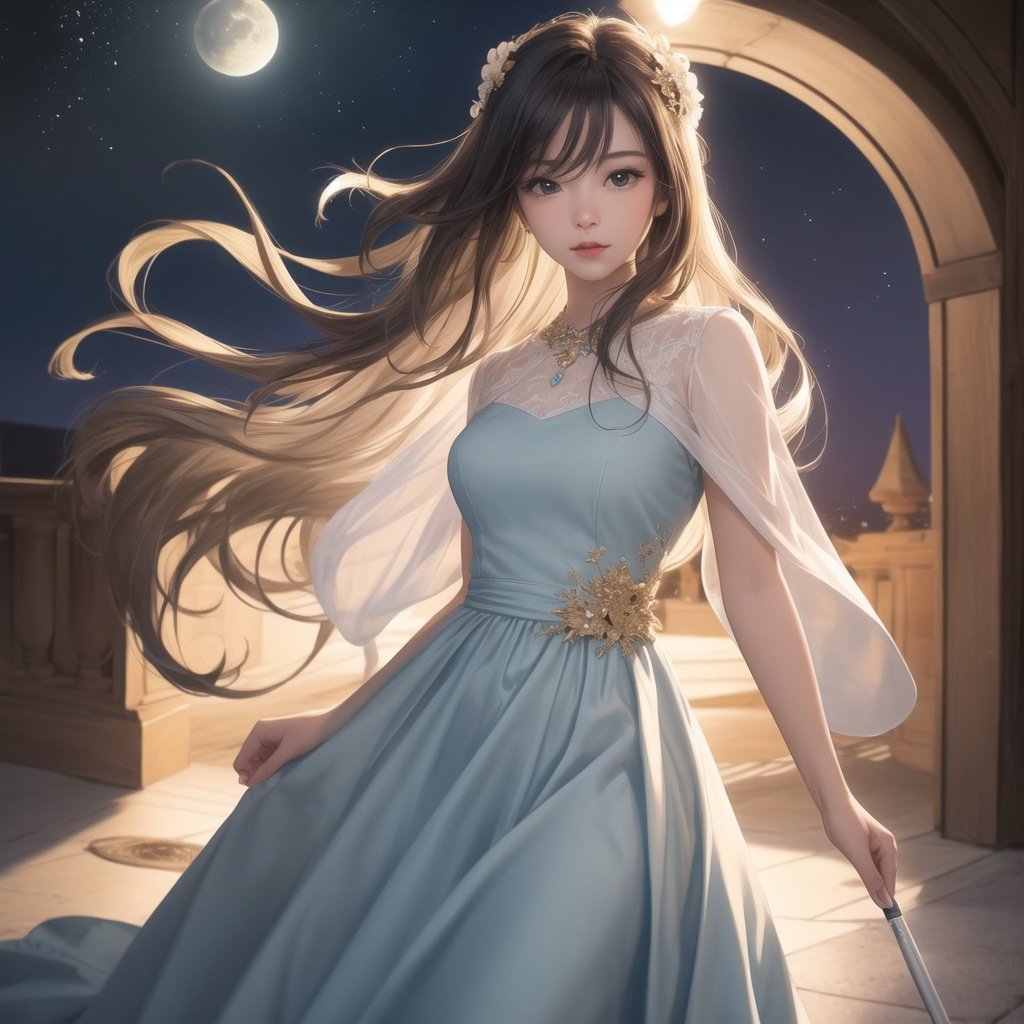 masterpiece,best quality,CG 8k wallpaper,illustration,amazing fine details and brush strokes,smooth,(((1girl))),extremely detailed,dynamic composition,motion,incredibly detailed,white court dress,loli,moonlight,beautiful,detailed eyes,[white hairblue hair],blue eyes,long_curly_hair,hands behind back,highly detailed,solo,full,amazing,beautiful,finely detail,(stars),galaxy,ray trace,Depth of field,