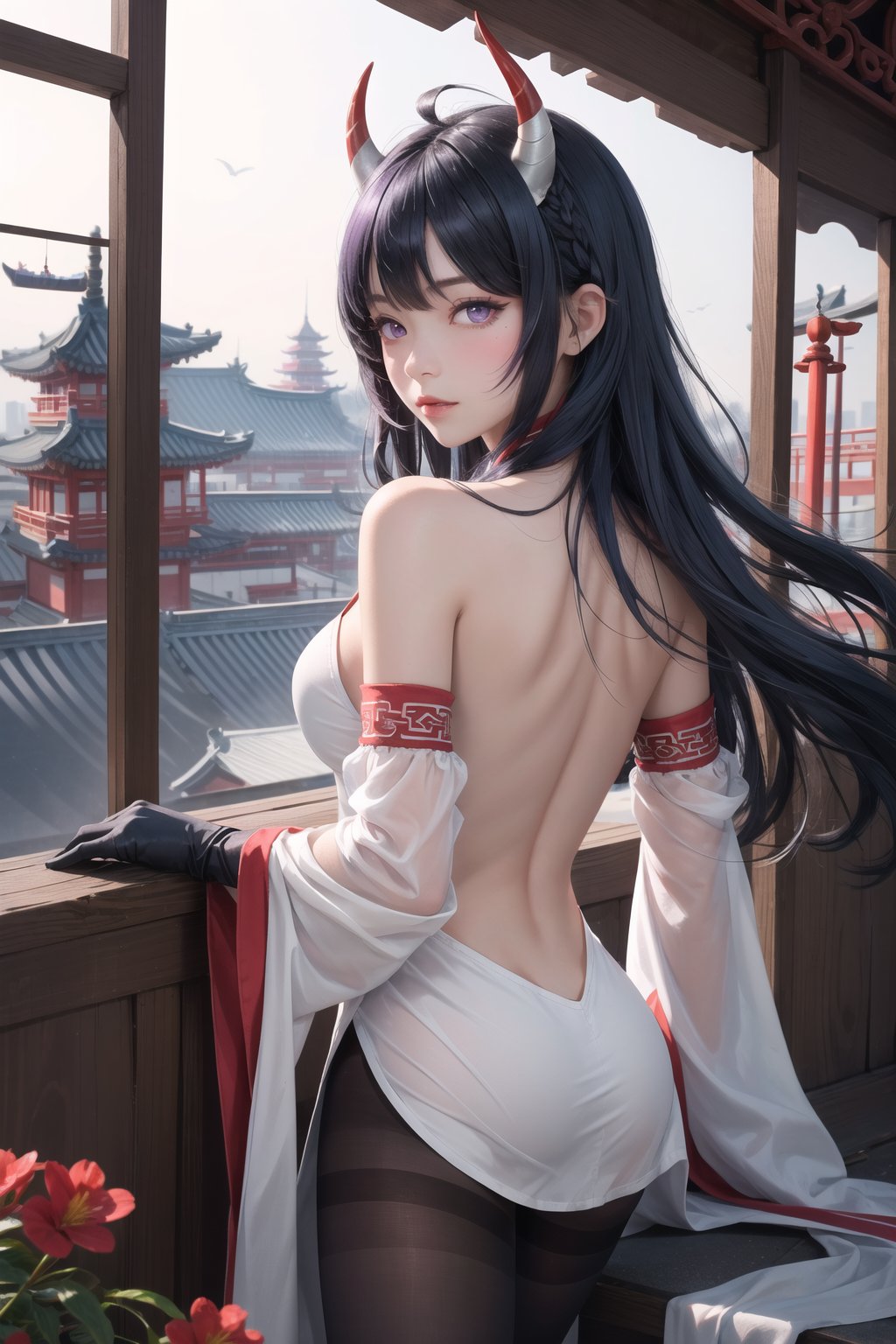 1girl,ahoge,architecture,bangs,naked shoulders,bells,black gloves,black pantyhose,(blue hair),blush,breasts,Chinese knot,separated sleeves,East Asian architecture,flower knot,gloves,(horns bent back), (red striped horns), long hair, looking at viewer, medium breasts, neck bell, night, outdoors, pantyhose, purple eyes, side locks, solo, fringe, white sleeves, intricate, high detail, sharp focus, dramatic, beautiful girl, (RAW photo, 8k UHD, film grain), caustics, subsurface scattering, reflections,
