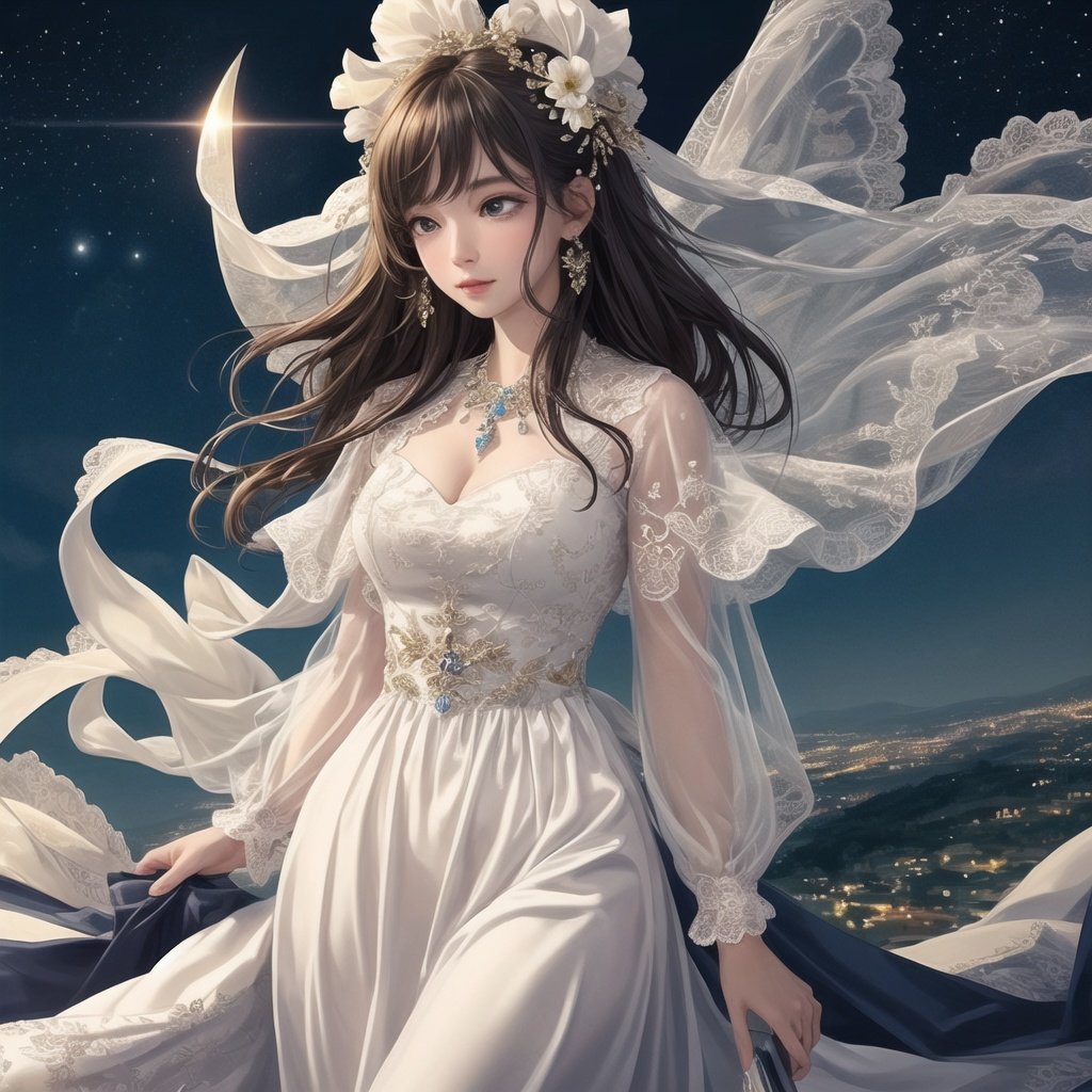 masterpiece,best quality,CG 8k wallpaper,illustration,amazing fine details and brush strokes,smooth,(((1girl))),extremely detailed,dynamic composition,motion,incredibly detailed,white court dress,loli,moonlight,beautiful,detailed eyes,[white hairblue ],blue eyes,long_curly_hair,hands behind back,highly detailed,solo,full,amazing,beautiful,finely detail,(stars),galaxy,ray trace,Depth of field,