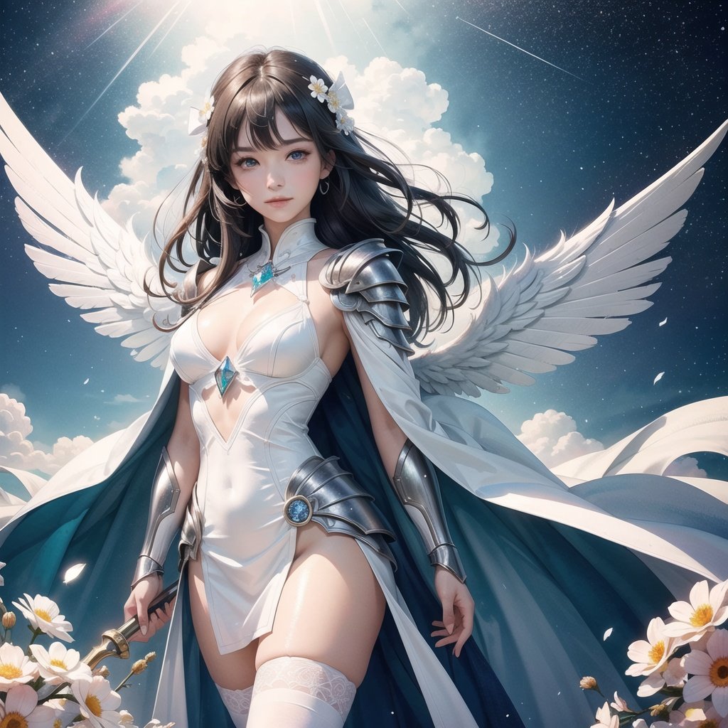 masterpiece,{{{best quality}}},(illustration)),{{{extremely detailed CG unity 8k wallpaper}}},game_cg,(({{1girl}})),{solo}, (beautiful detailed eyes),((shine eyes)),goddess,fluffy hair,messy_hair,ribbons,hair_bow,{flowing hair}, (glossy hair), (Silky hair),((white stockings)),(((gorgeous crystal armor))),cold smile,stare,cape,(((crystal wings))),((grand feathers)),((altocumulus)),(clear_sky),(snow mountain),((flowery flowers)),{(flowery bubbles)},{{cloud map plane}},({(crystal)}),crystal poppies,({lacy}) ({{misty}}),(posing sketch),(Brilliant light),cinematic lighting,((thick_coating)),(glass tint),(watercolor),(Ambient light),long_focus,(Colorful blisters),ukiyoe style